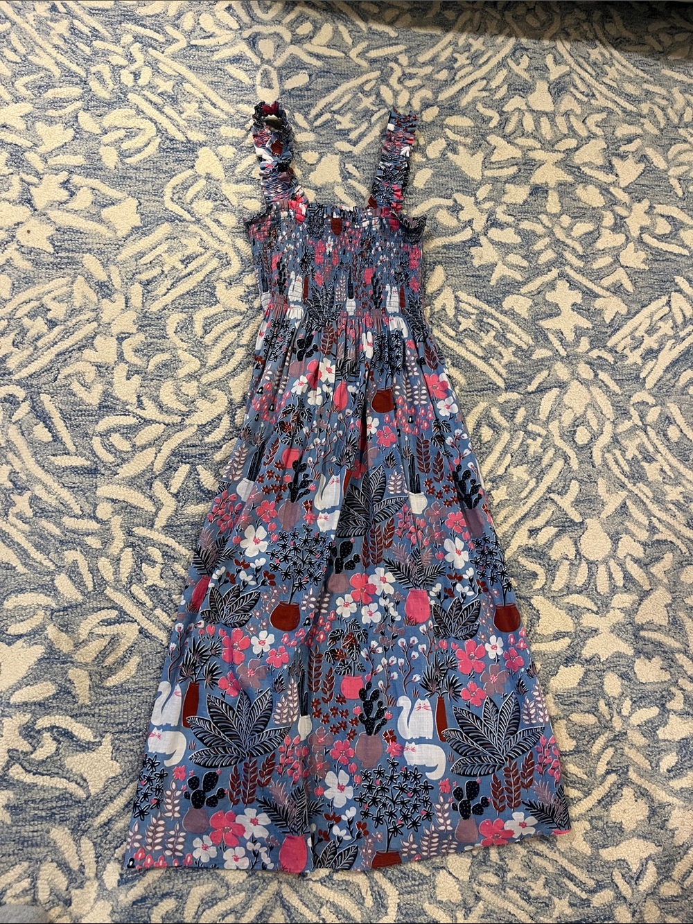 Sleeveless Floral Smocked Maxi Dress in Blue and Pink